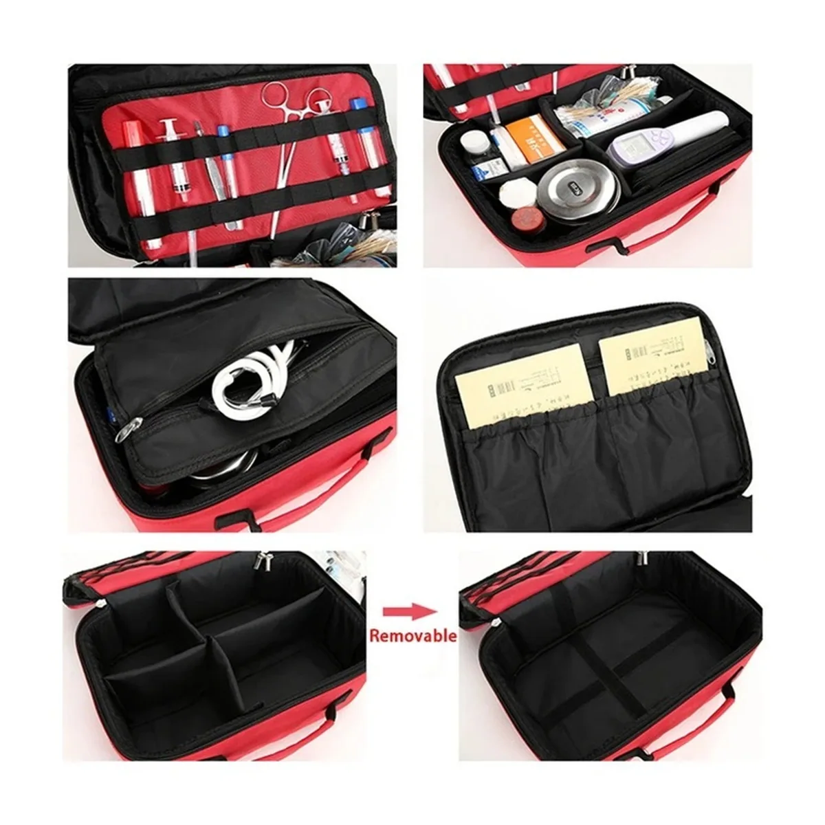 06604 Oxford Portable First Aid Bag in Red, construction and compartment detail 5