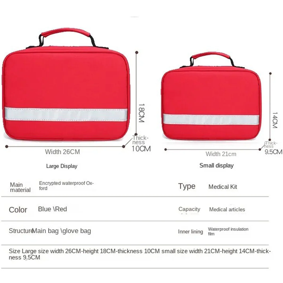 06607 Oxford Portable First Aid Bag in Red, construction and compartment detail 6
