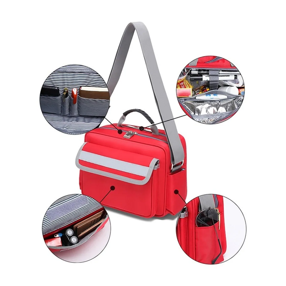 06611 Oxford Emergency Waist Bag in Red, construction and compartment detail 1