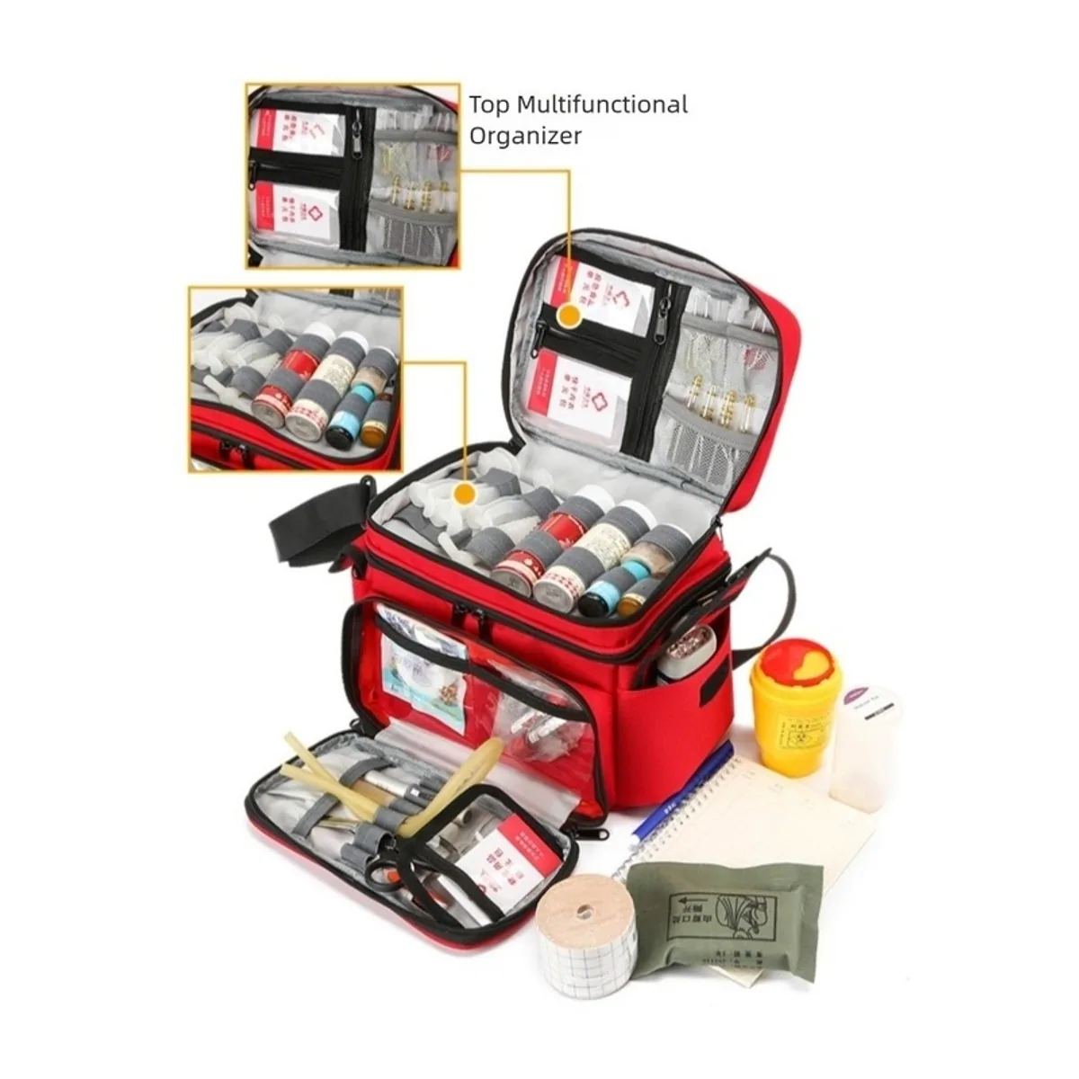 06616 1200D Emergency Waist Bag in Red, construction and compartment detail 1