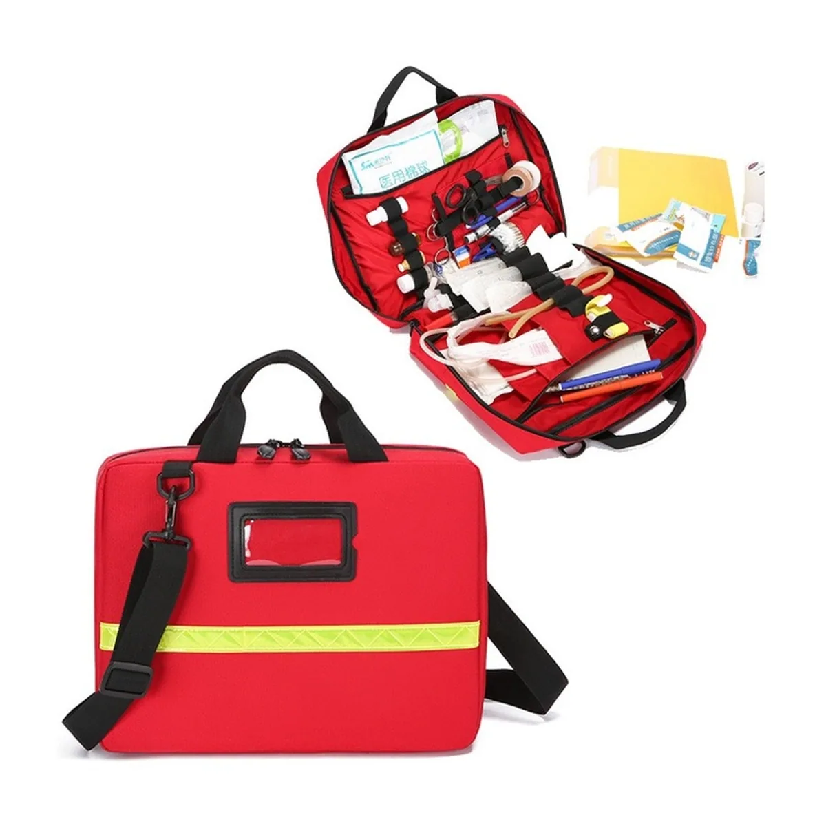 06628 1200D Portable First Aid Bag in Red, construction and compartment detail 4