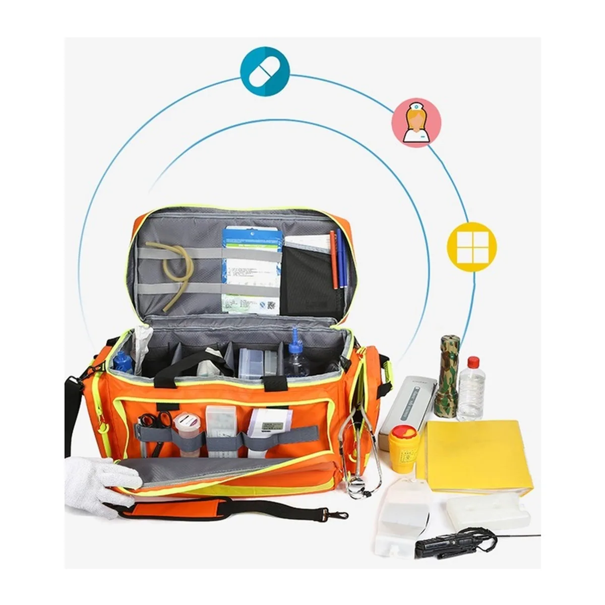 06629 1200D Portable First Aid Bag in Red, construction and compartment detail 1