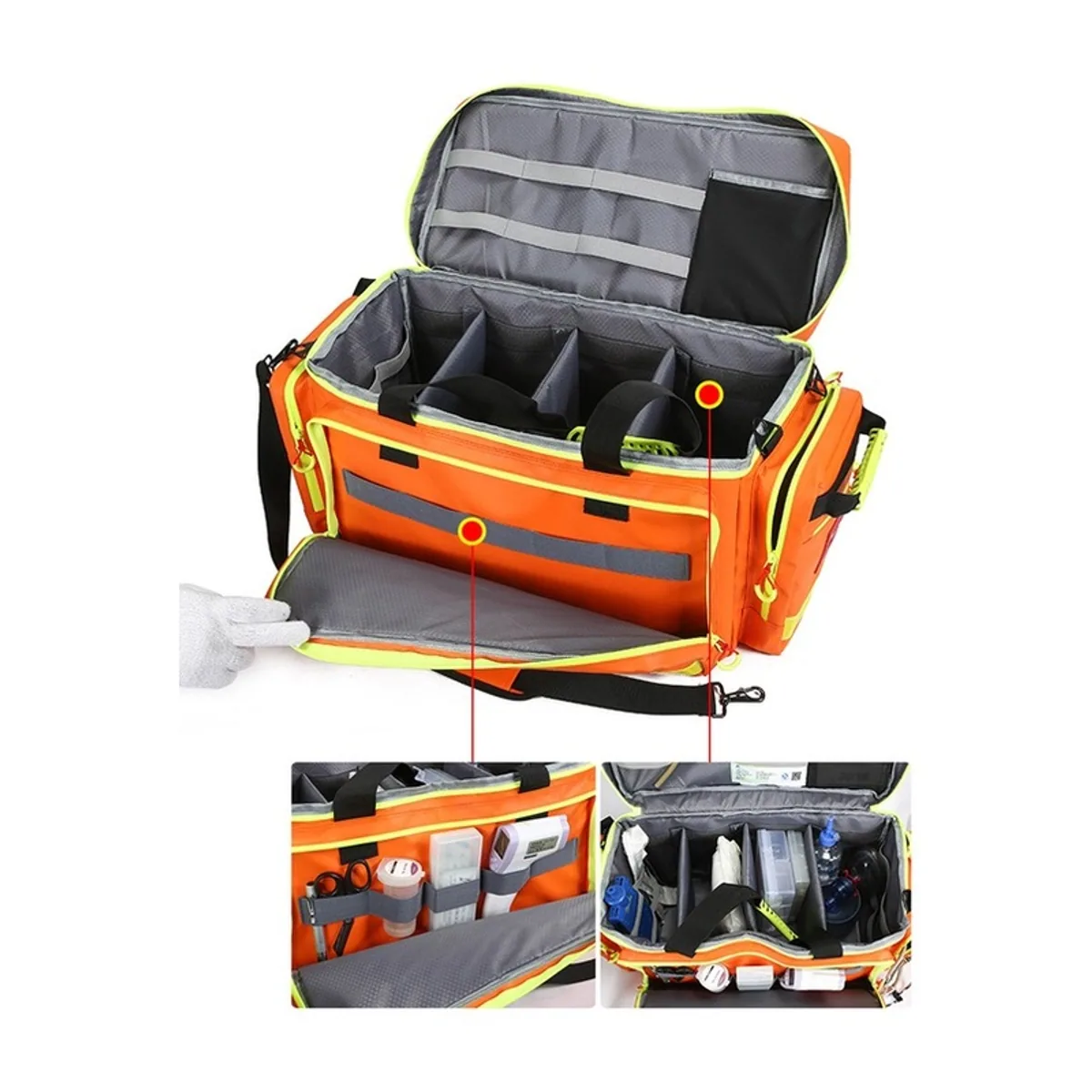 06629 1200D Portable First Aid Bag in Red, construction and compartment detail 3