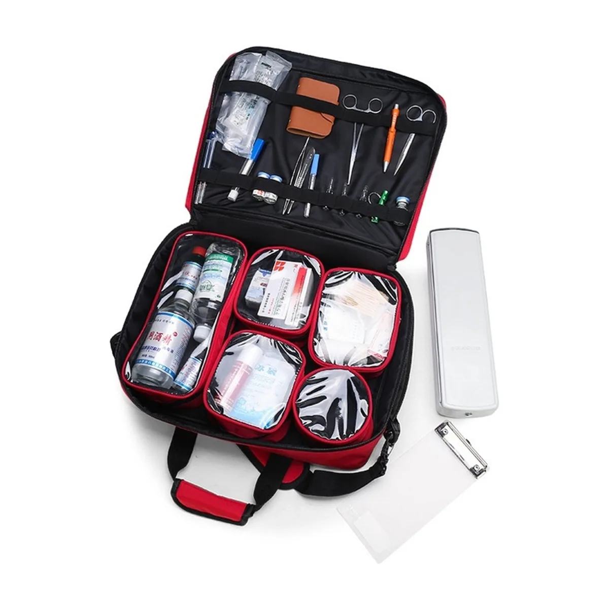 08804 Oxford Portable First Aid Bag in Red, construction and compartment detail 2