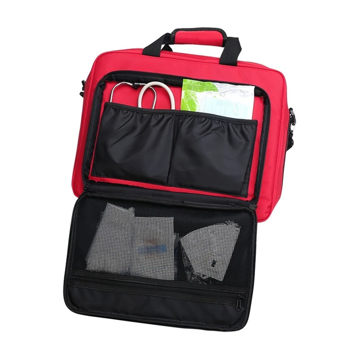 08804 Oxford Portable First Aid Bag in Red, construction and compartment detail 3