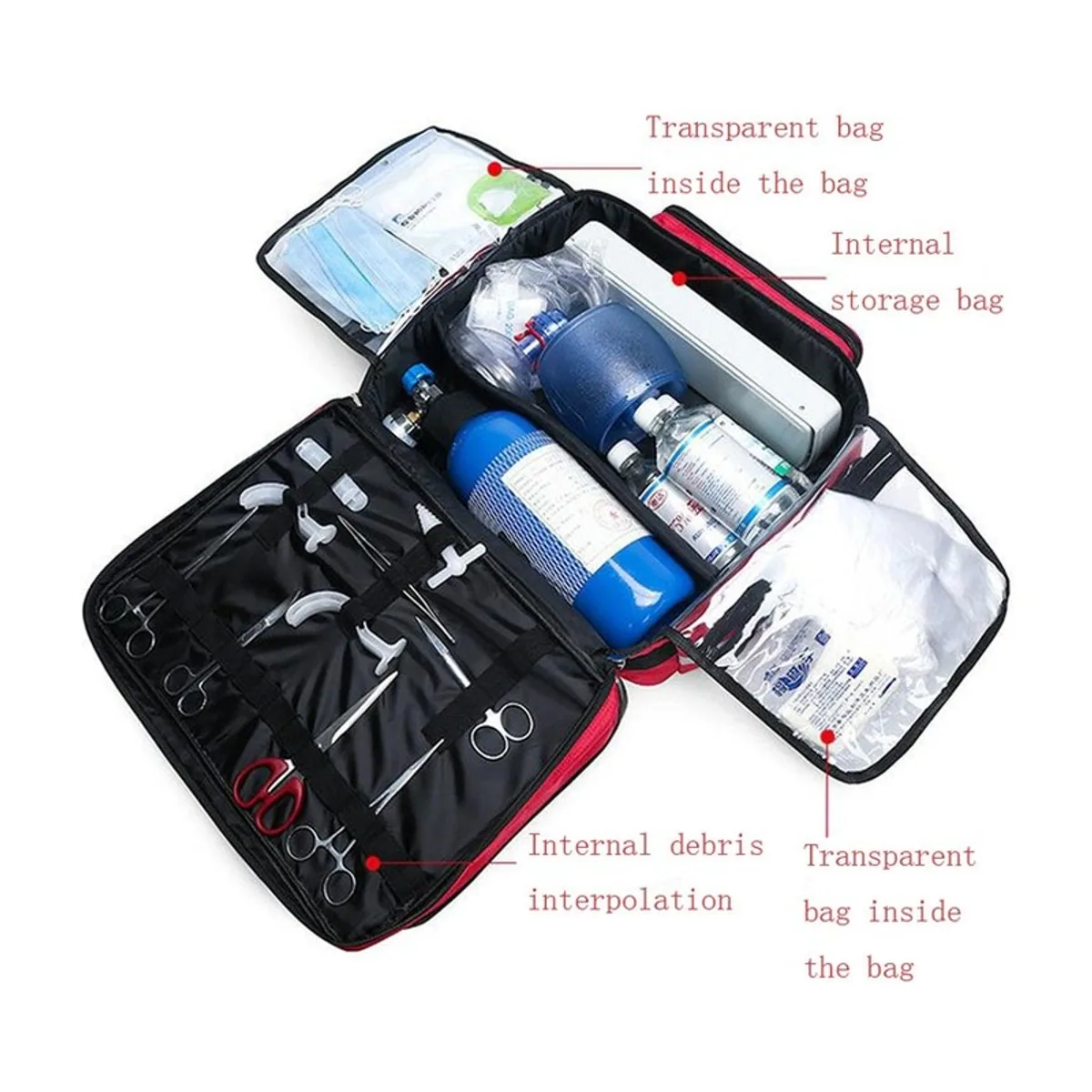 08807 Oxford Portable First Aid Bag in Red, construction and compartment detail 2