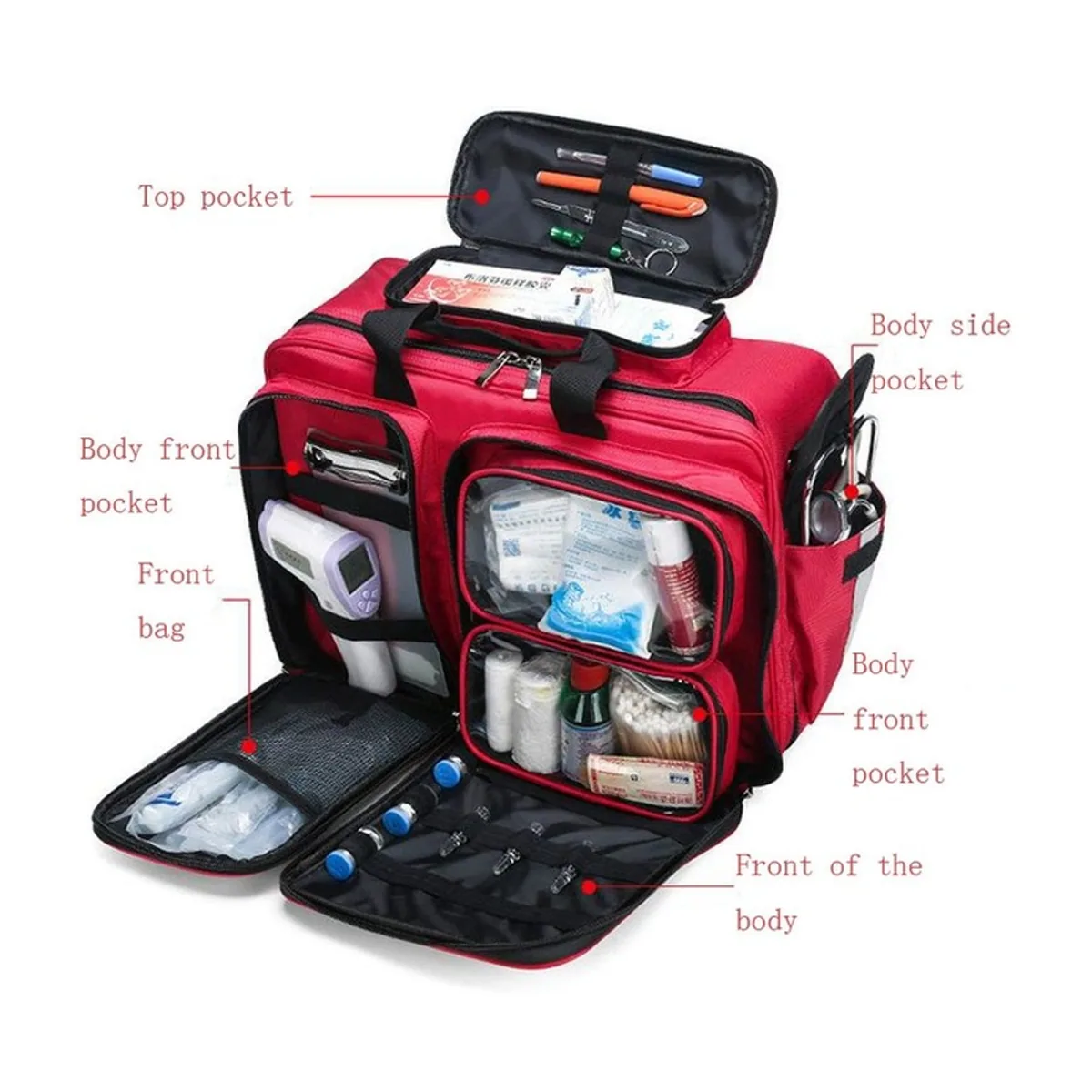 08807 Oxford Portable First Aid Bag in Red, construction and compartment detail 5