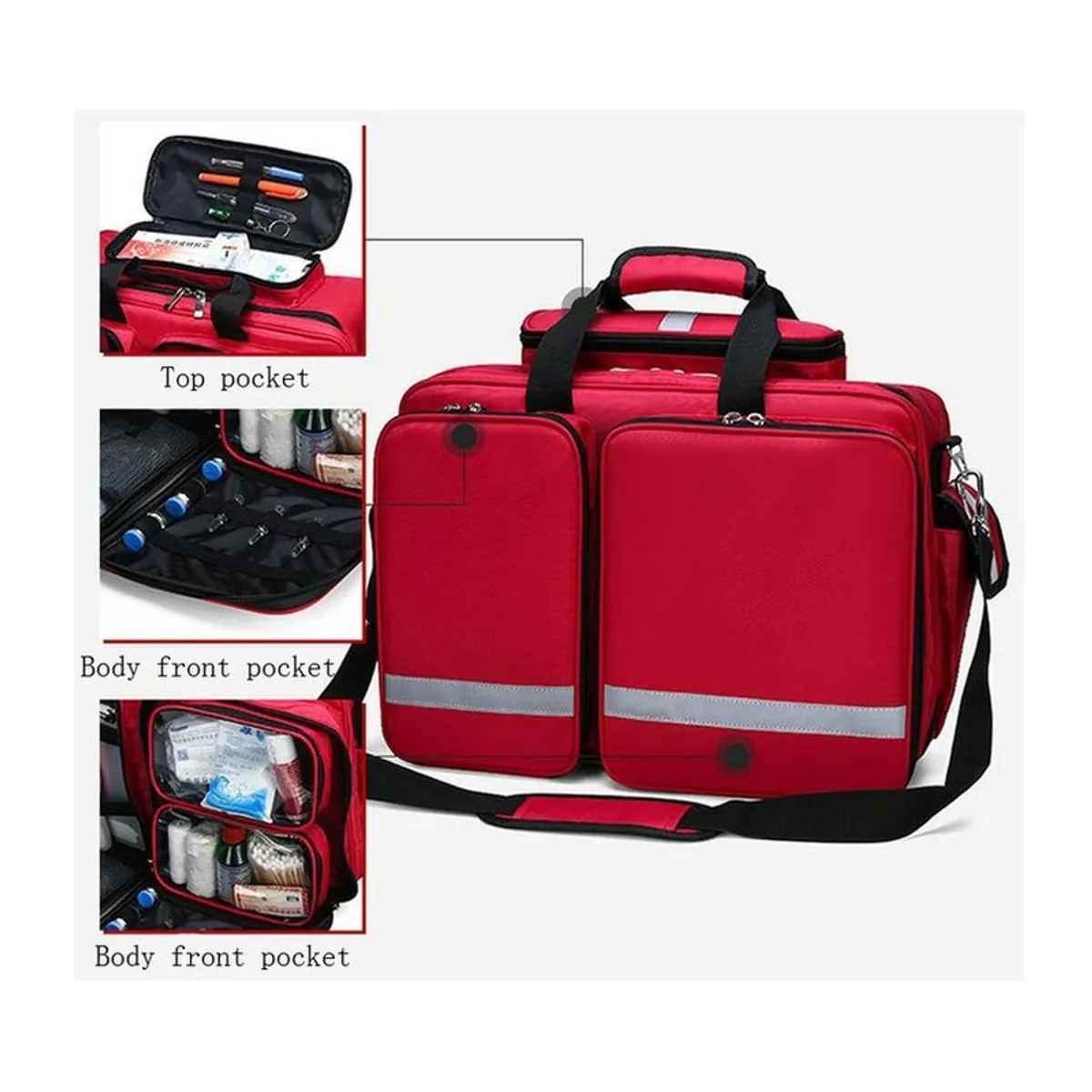 08807 Oxford Portable First Aid Bag in Red, construction and compartment detail 7
