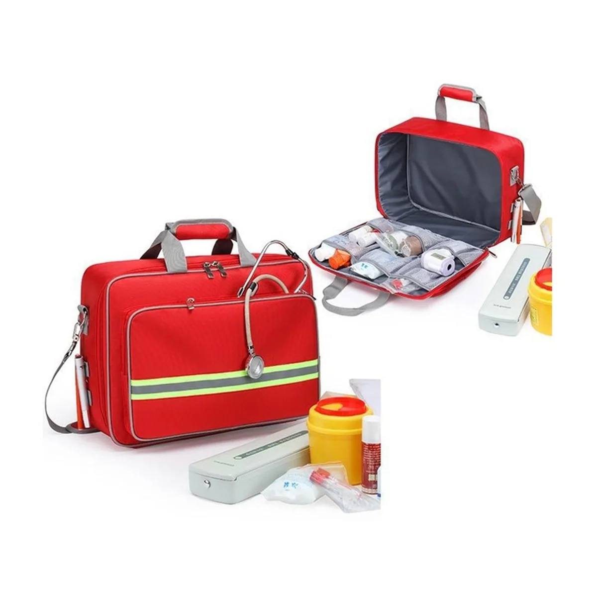 08814 Oxford Portable First Aid Bag in Red, construction and compartment detail 7