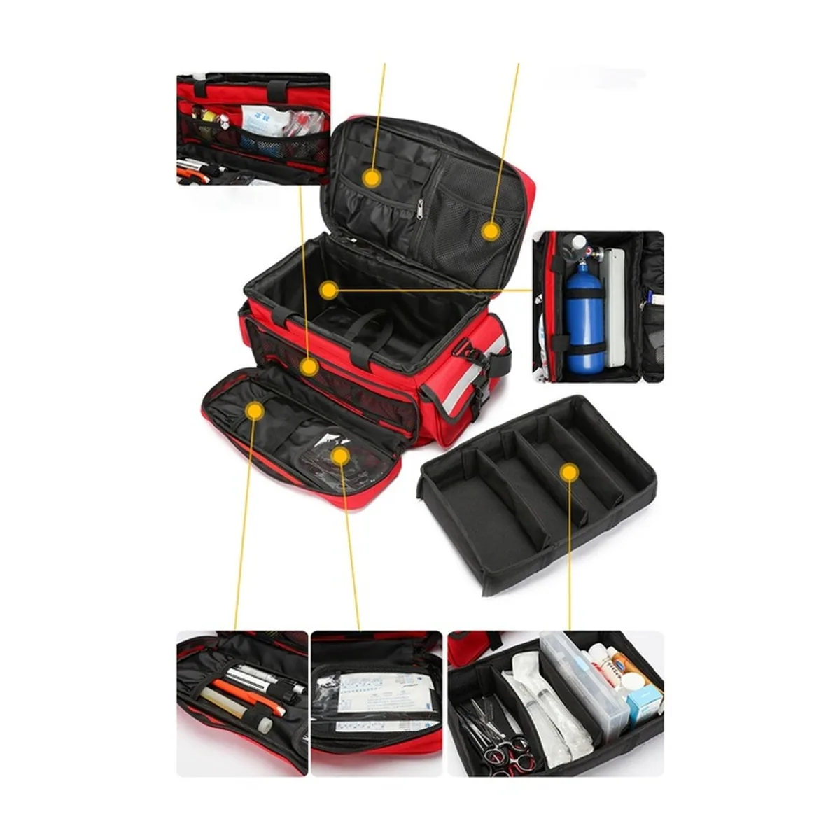 08818 1000D Portable First Aid Bag in Red, construction and compartment detail 4