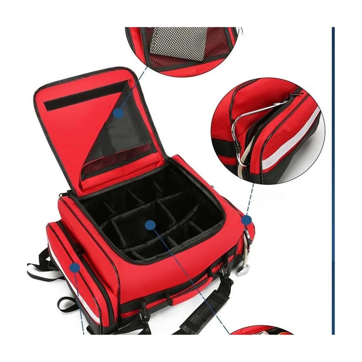 08830 1800D Portable First Aid Bag in Red, construction and compartment detail 2
