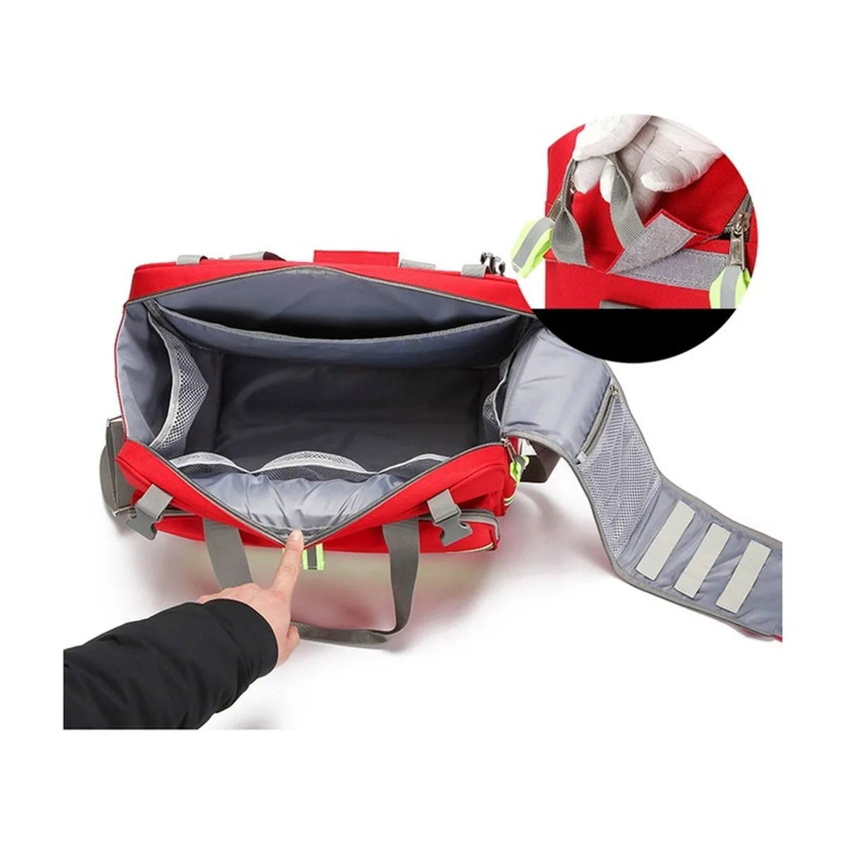 08831 1200D Portable First Aid Bag in Red, construction and compartment detail 4