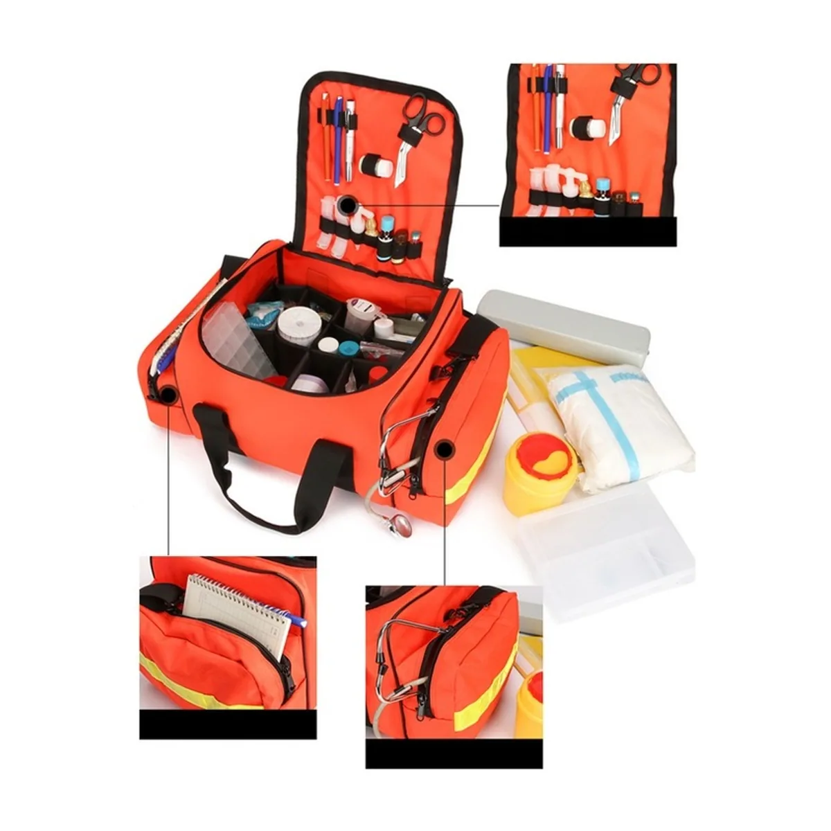 08836 1200D Portable First Aid Bag in Red, construction and compartment detail 1