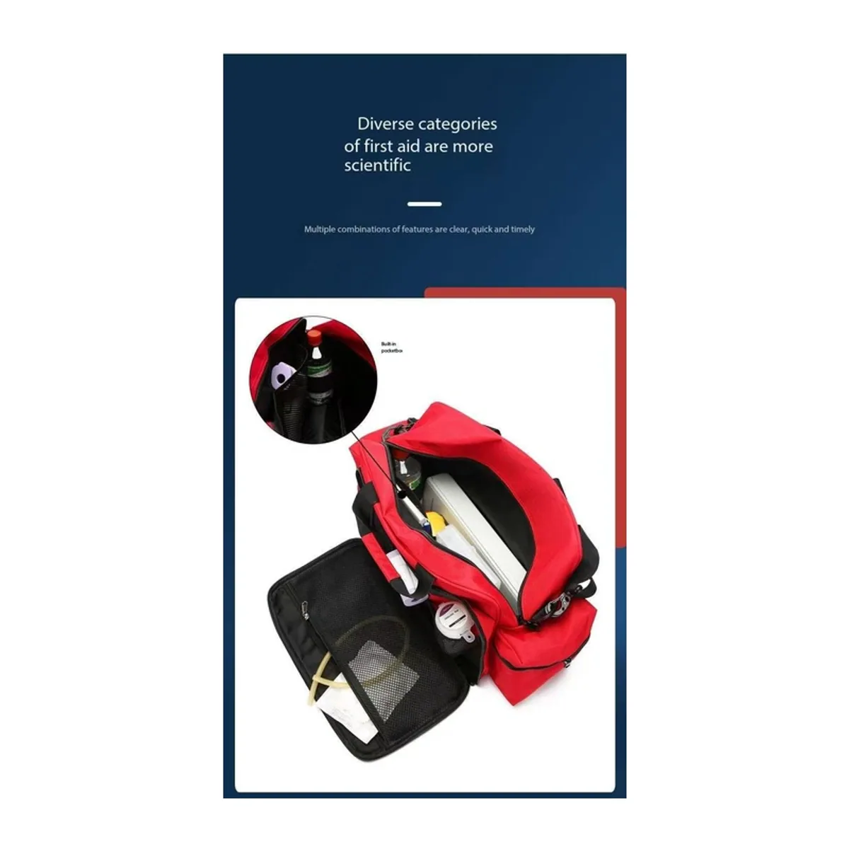 08839 1200D Portable First Aid Bag in Red, construction and compartment detail 6