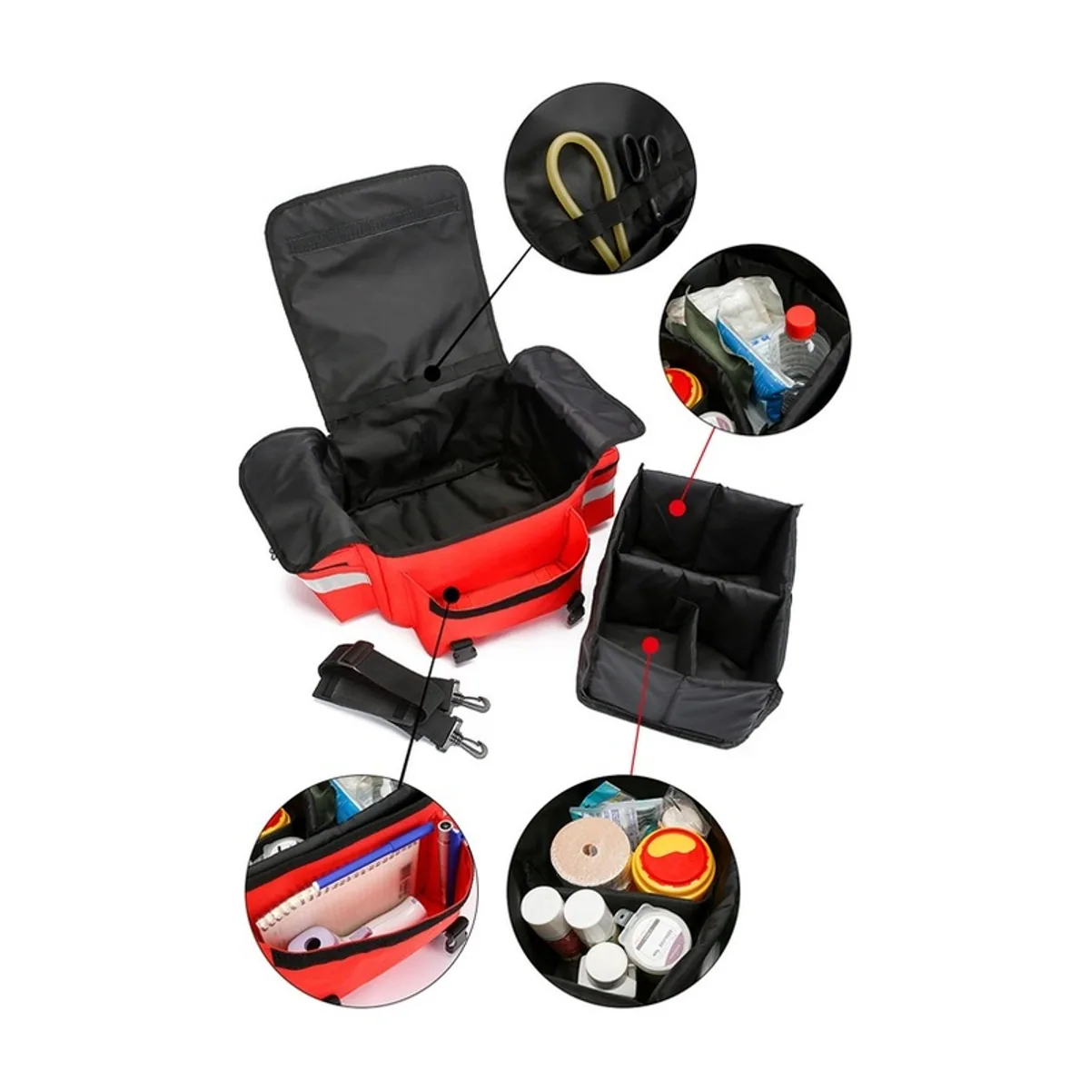 08860 1200D Portable First Aid Bag in Red, construction and compartment detail 2
