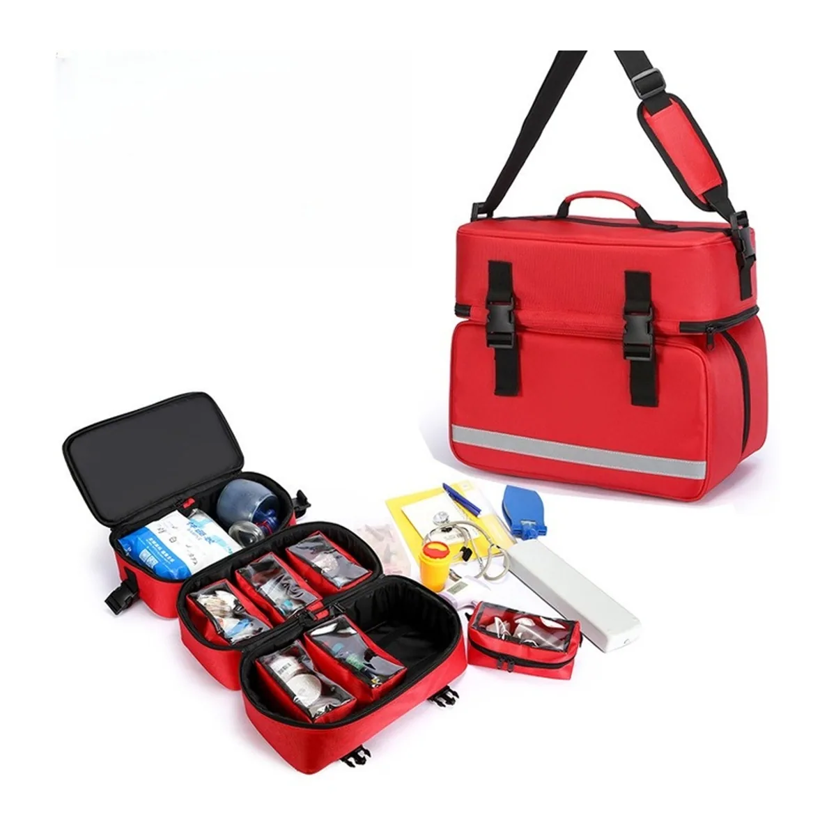 08870 1200D Portable First Aid Bag in Red，Orange, construction and compartment detail 2