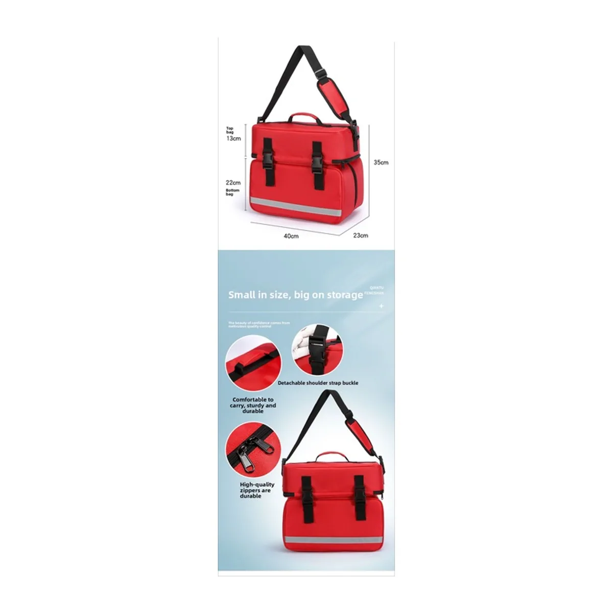 08870 1200D Portable First Aid Bag in Red，Orange, construction and compartment detail 6