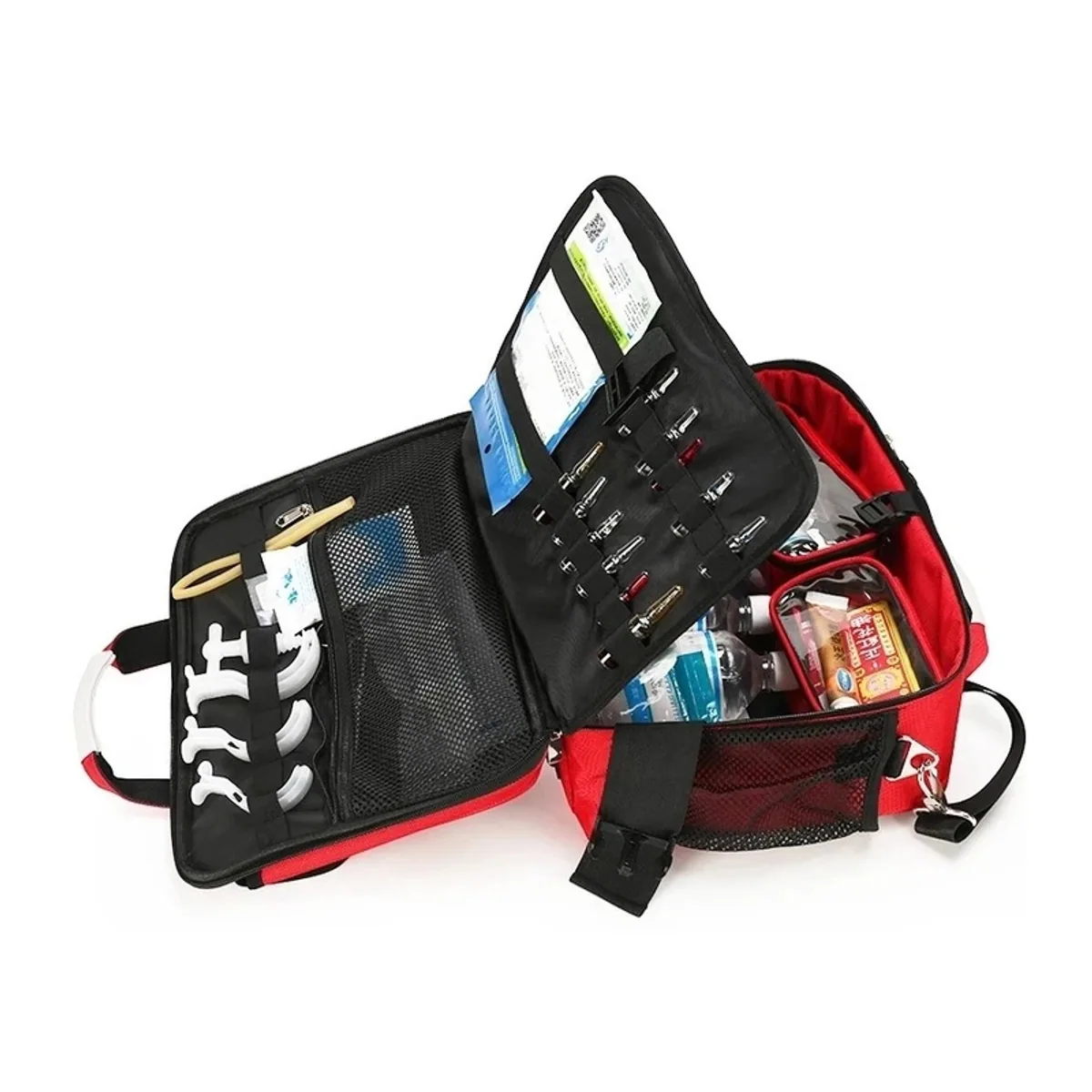 09906 Oxford Medical Emergency Backpack in Red, construction and compartment detail 1