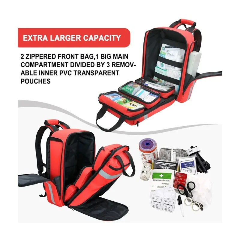 1200D Oxford Emergency Medical Backpack with Clear Pouches construction and compartment detail 2