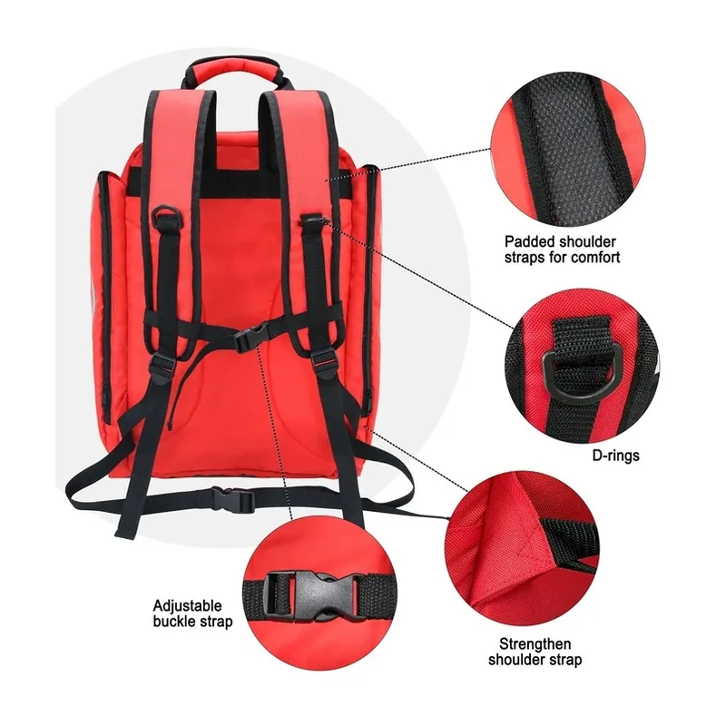 1200D Oxford Emergency Medical Backpack with Clear Pouches construction and compartment detail 1