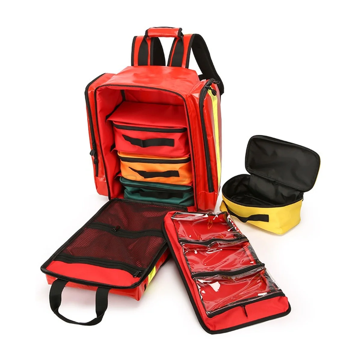 09908P PVC Waterproof Rescue Backpack in Red, construction and compartment detail 1