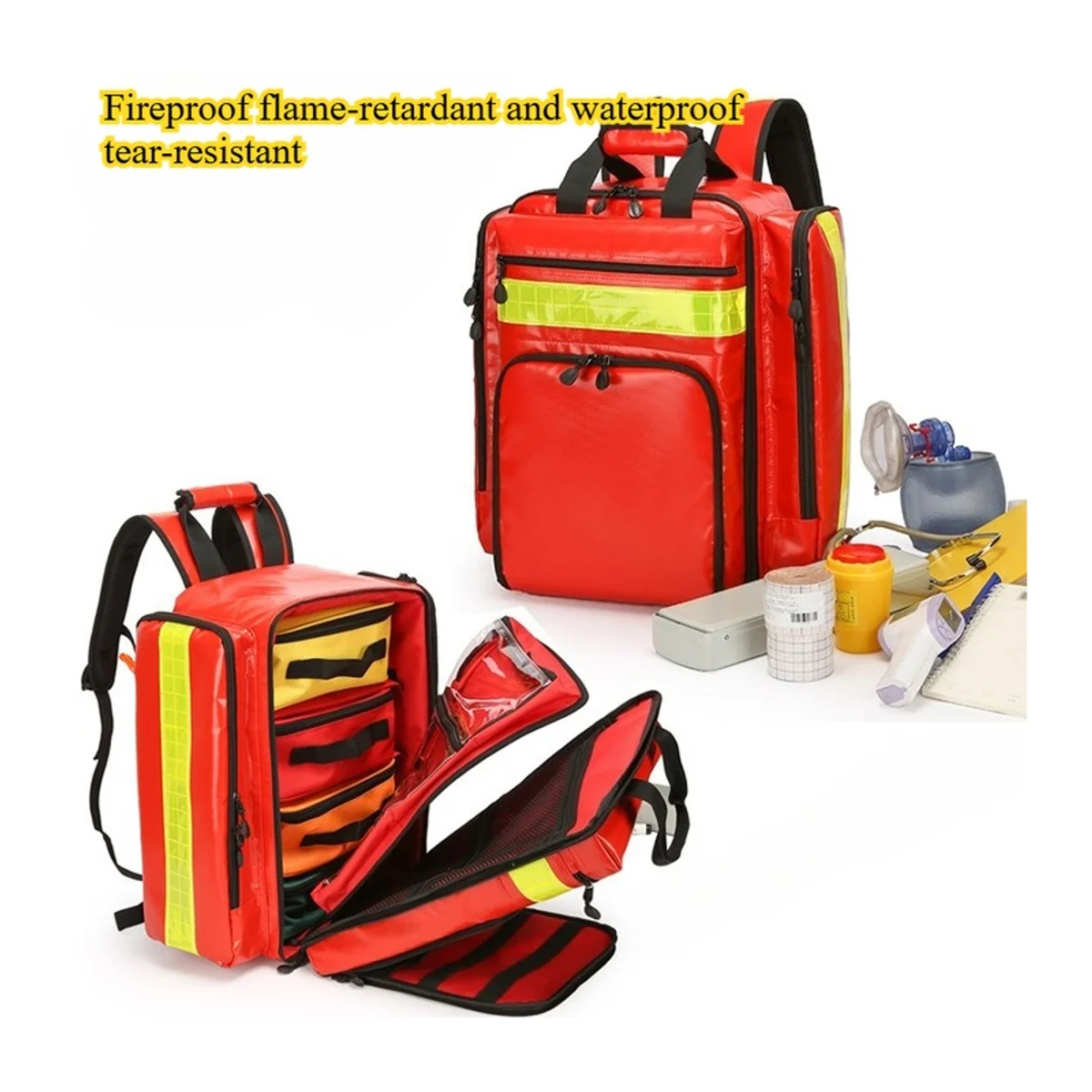 09908P PVC Waterproof Rescue Backpack in Red, construction and compartment detail 4
