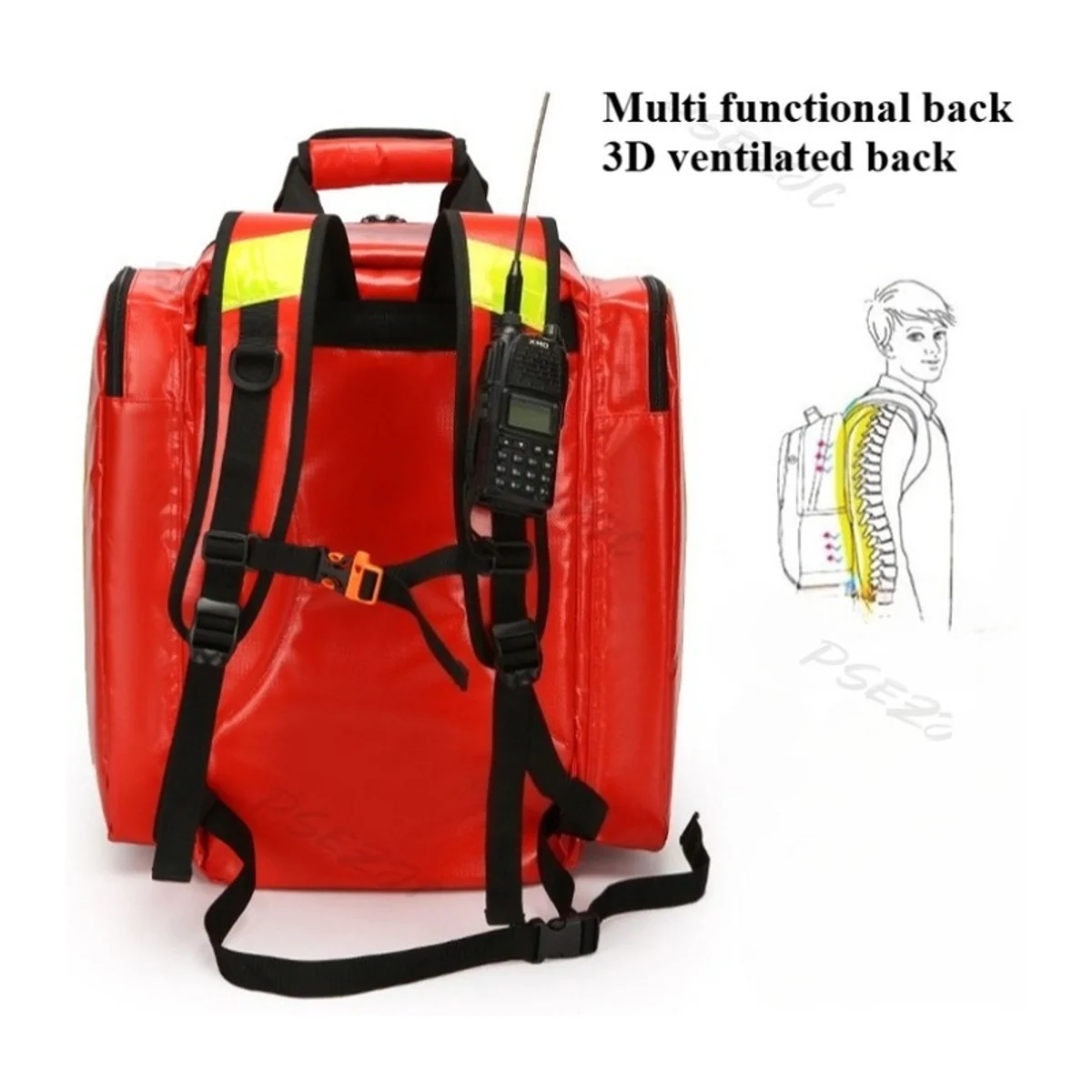09908P PVC Waterproof Rescue Backpack in Red, construction and compartment detail 6