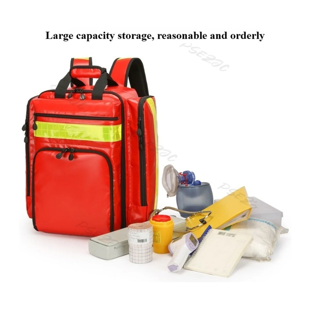 09908P PVC Waterproof Rescue Backpack in Red, construction and compartment detail 7