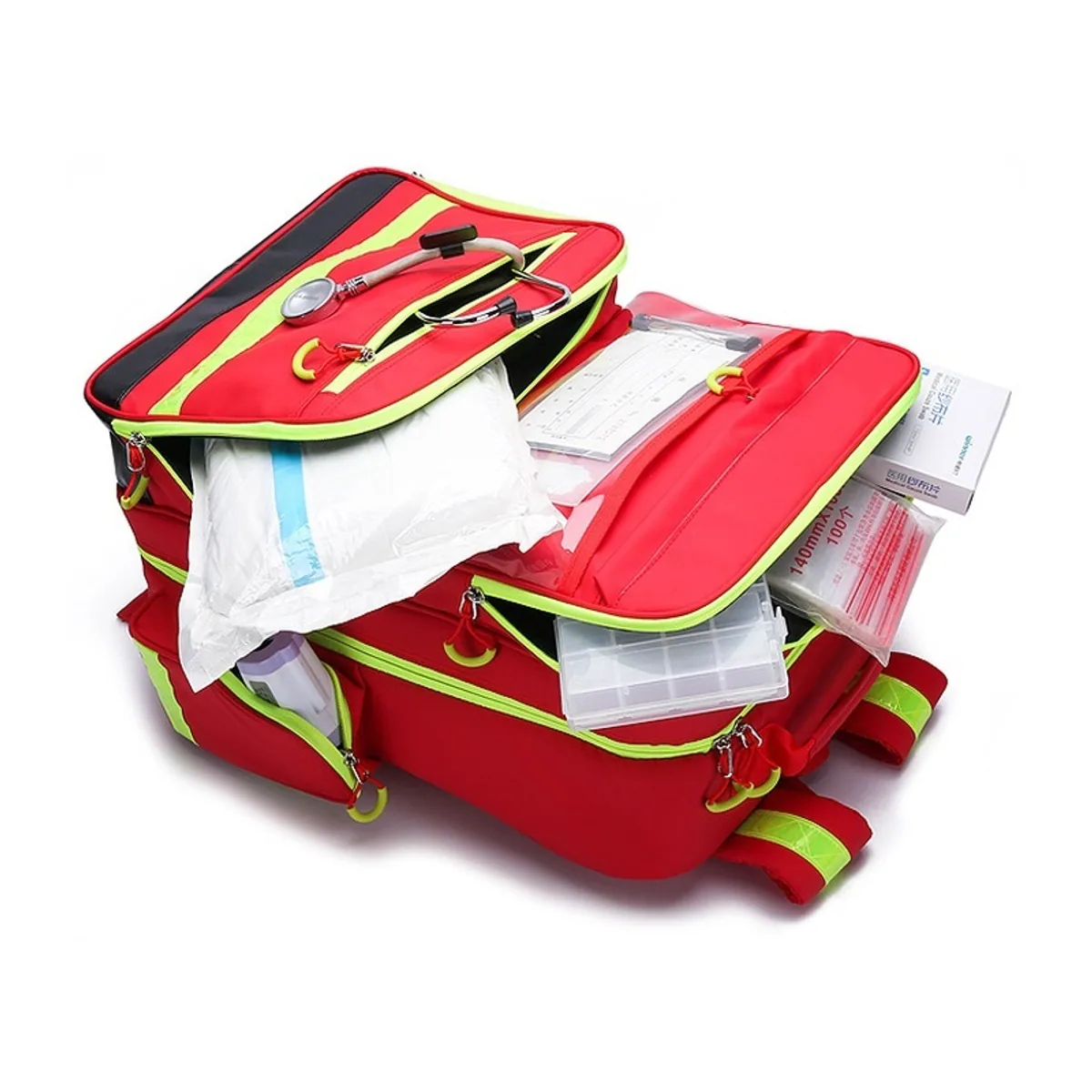 09910 Oxford Medical Emergency Backpack in Red, construction and compartment detail 2