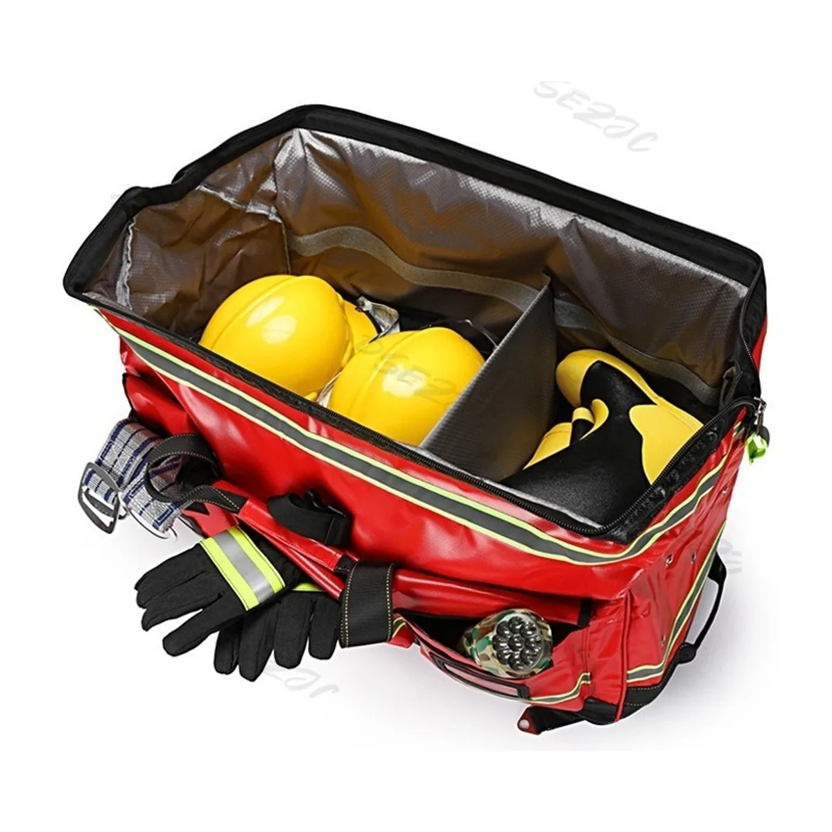 09916 Oxford Rescue Duffel Bag in Red, construction and compartment detail 3