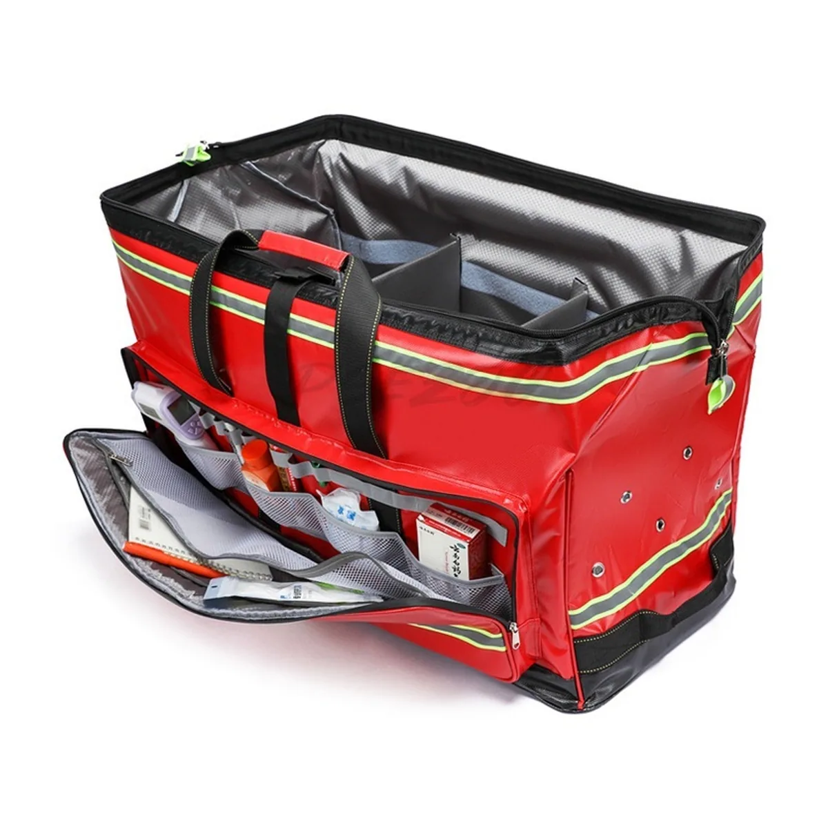 09916 Oxford Rescue Duffel Bag in Red, construction and compartment detail 4