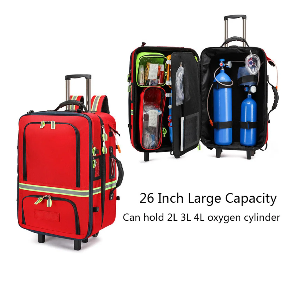 09917 Rolling EMS Trauma Backpack with Trolley in Red, construction and compartment detail 2