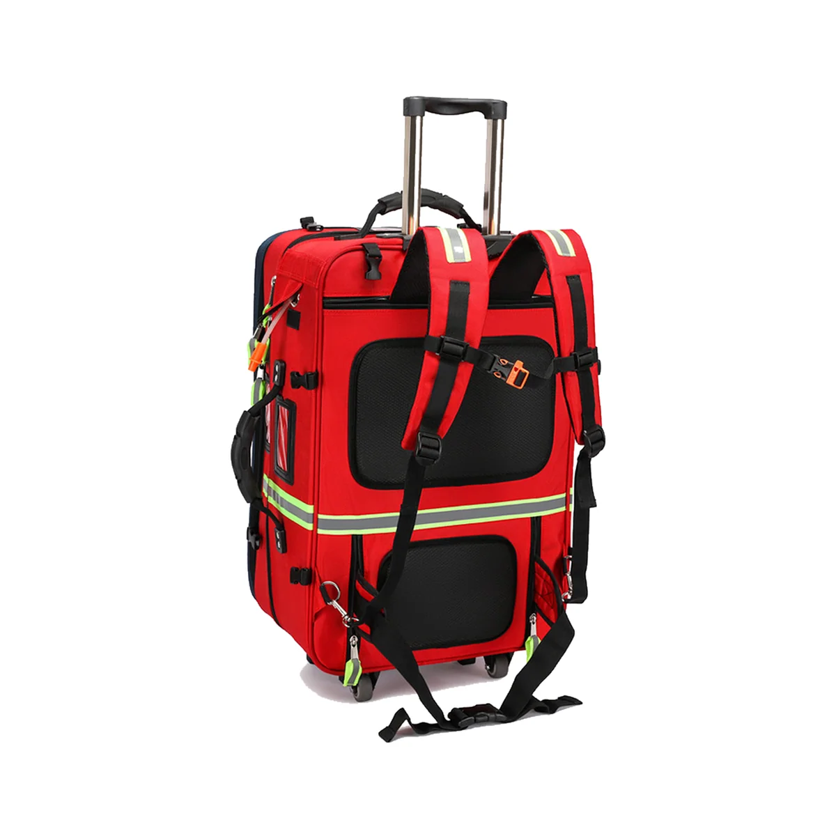 09917 Rolling EMS Trauma Backpack with Trolley in Red, construction and compartment detail 3