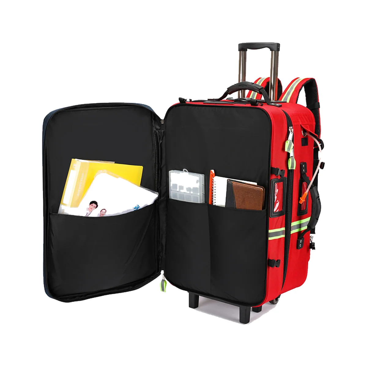 09917 Rolling EMS Trauma Backpack with Trolley in Red, construction and compartment detail 4