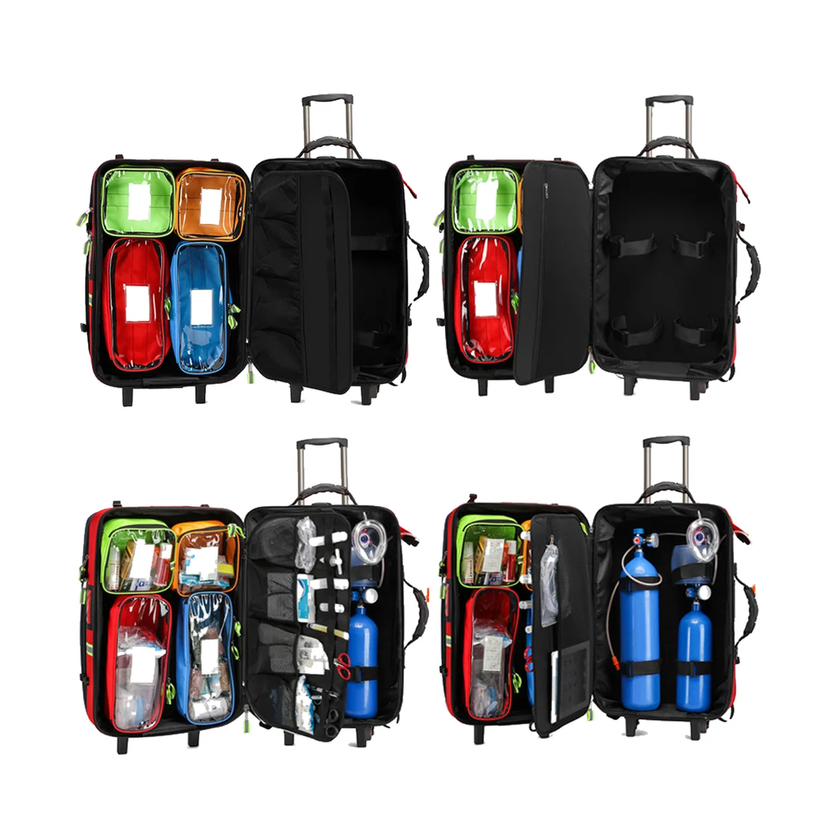 09917 Rolling EMS Trauma Backpack with Trolley in Red, construction and compartment detail 5