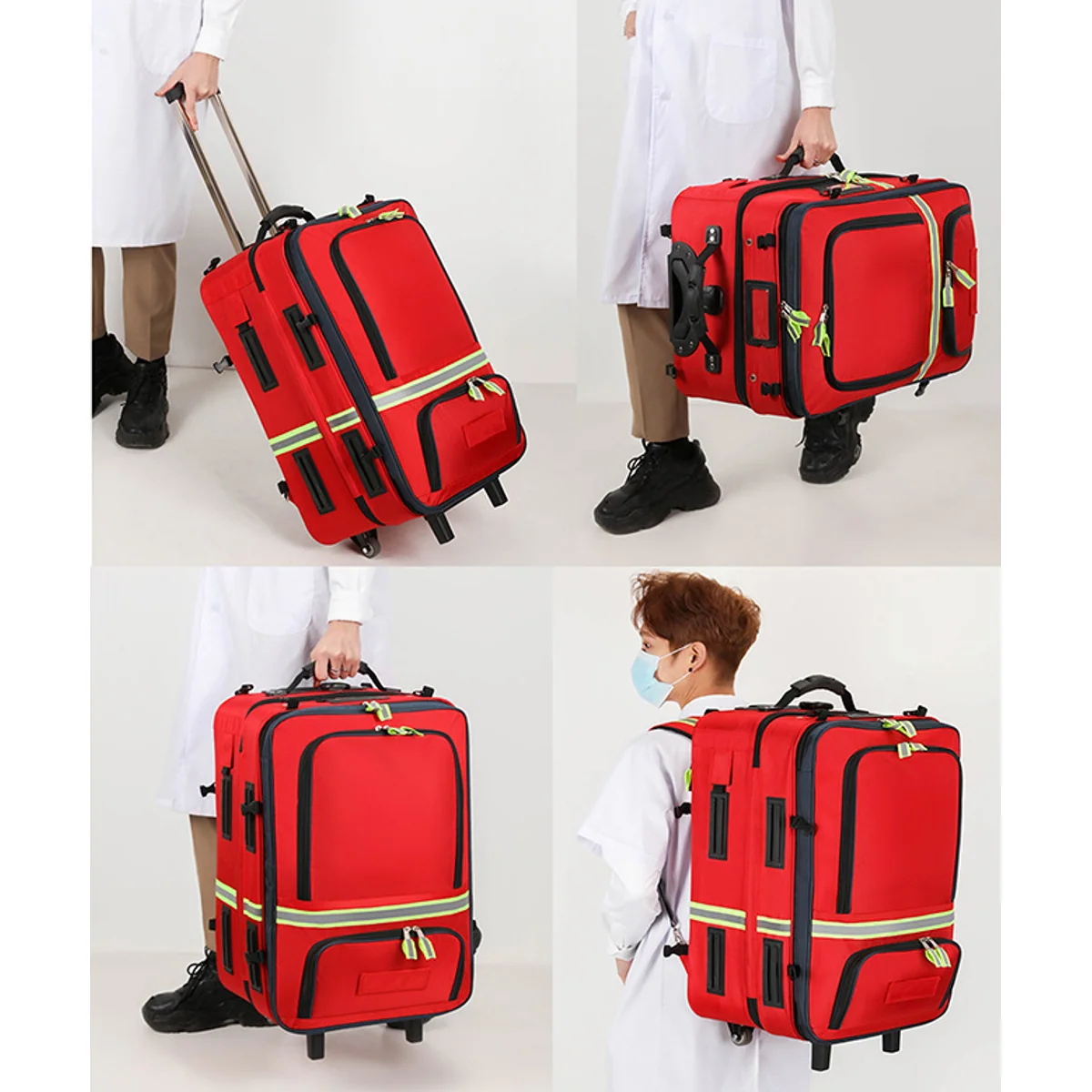 09917 Rolling EMS Trauma Backpack with Trolley in Red, construction and compartment detail 6