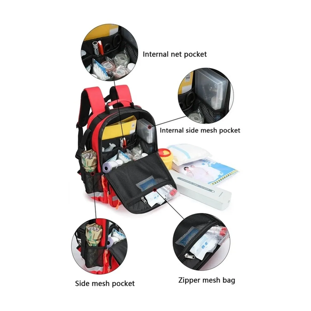 09920 1200D Medical Emergency Backpack in Red, construction and compartment detail 6