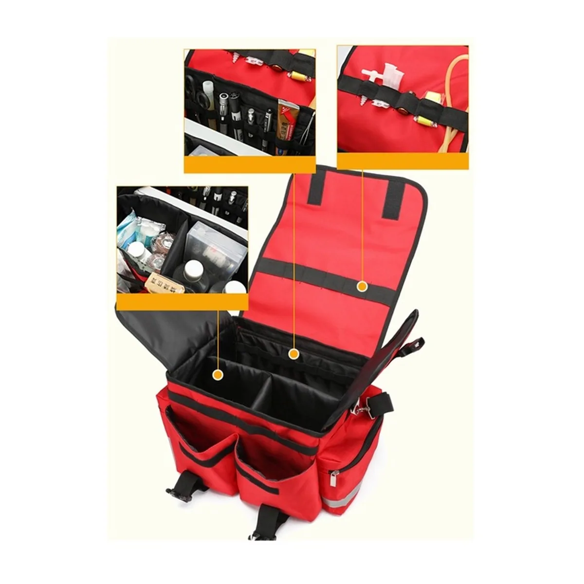 09922 1000D Medical Emergency Backpack in Red, construction and compartment detail 1