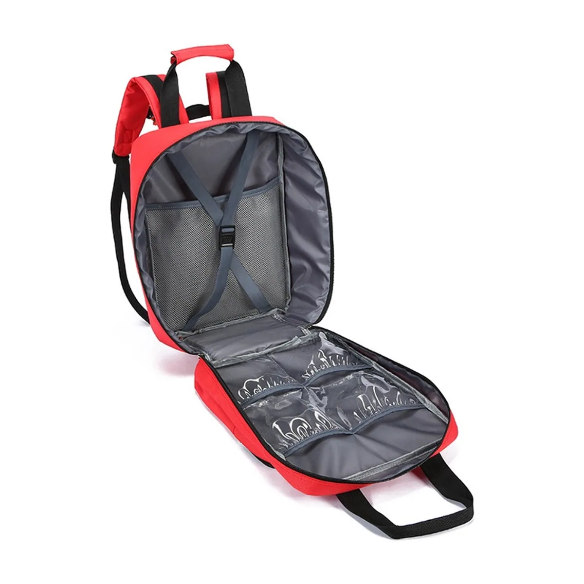 09929 1200D Medical Emergency Backpack in Red, construction and compartment detail 3