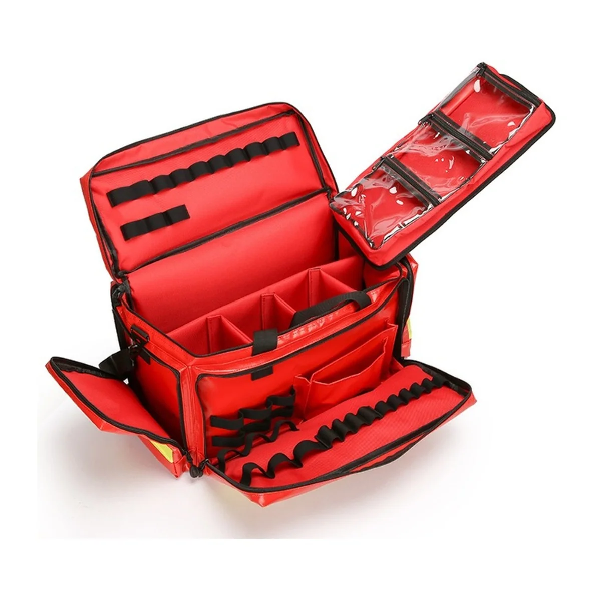 09930P PVC Waterproof Rescue Bag in Red, construction and compartment detail 4