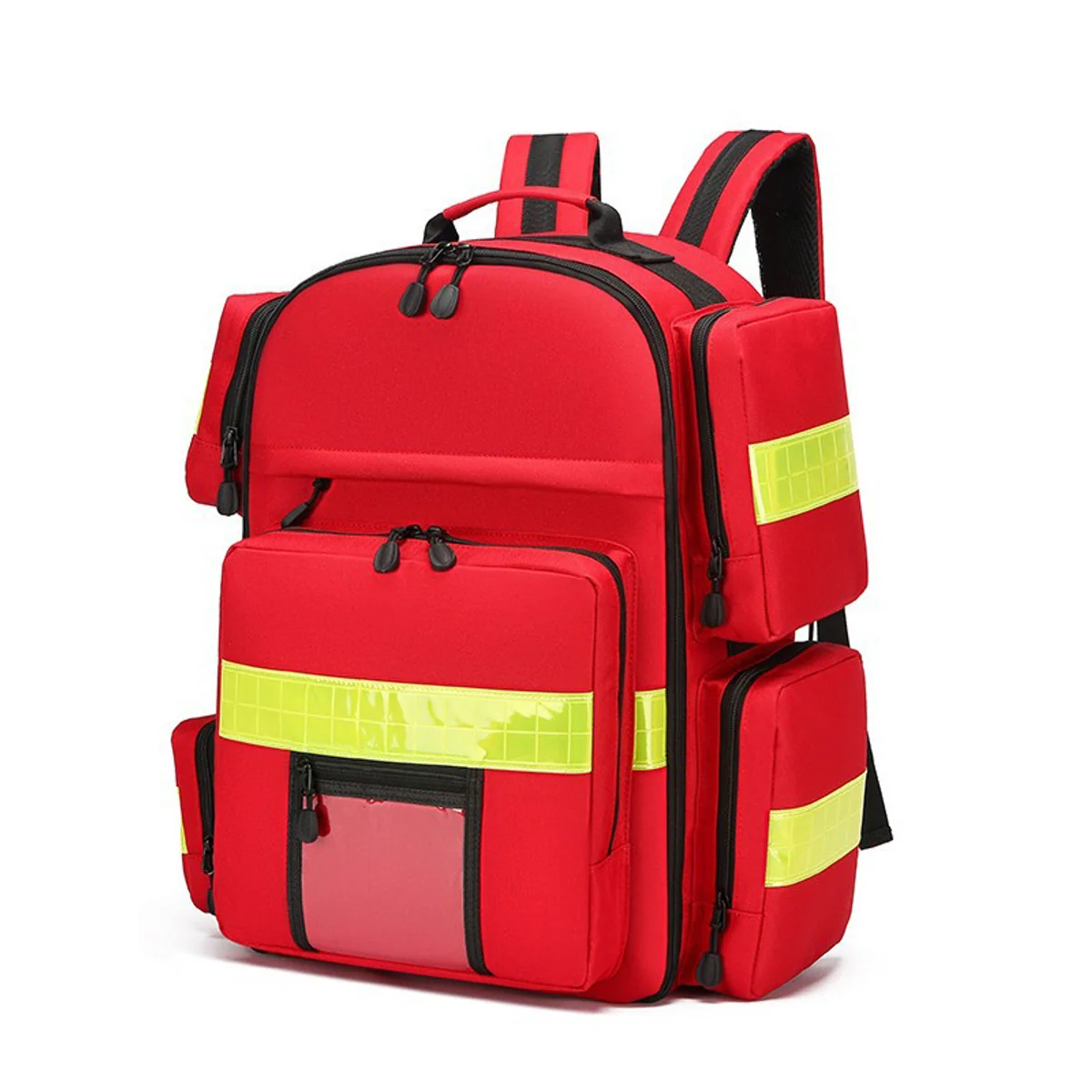 09950 Custom Medical Bag Multi-functional Outdoor Rescue Bags Large Capacity Multi-pocket Fire Carry Bag with Handle in Red, construction and compartment detail 1