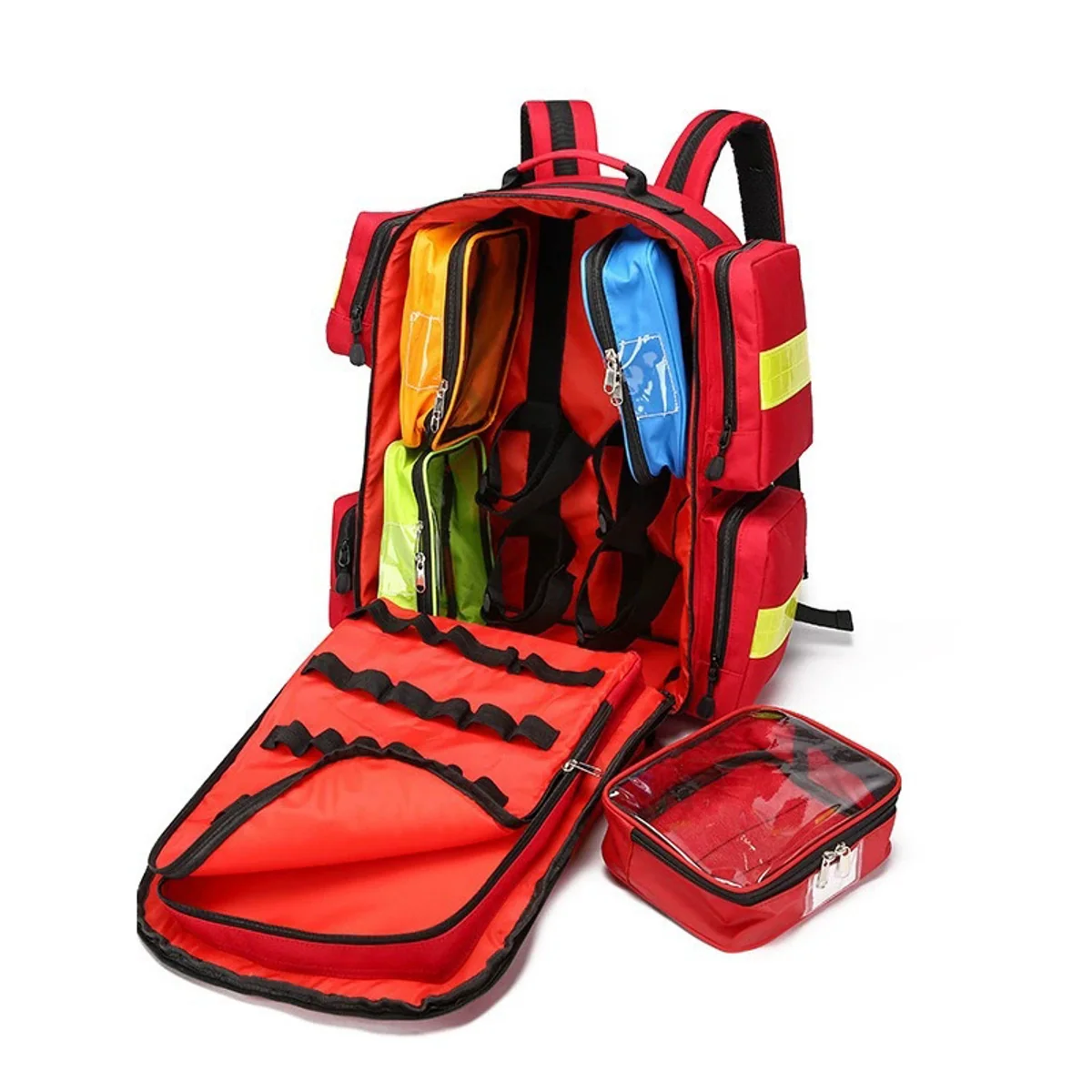 09950 Custom Medical Bag Multi-functional Outdoor Rescue Bags Large Capacity Multi-pocket Fire Carry Bag with Handle in Red, construction and compartment detail 2