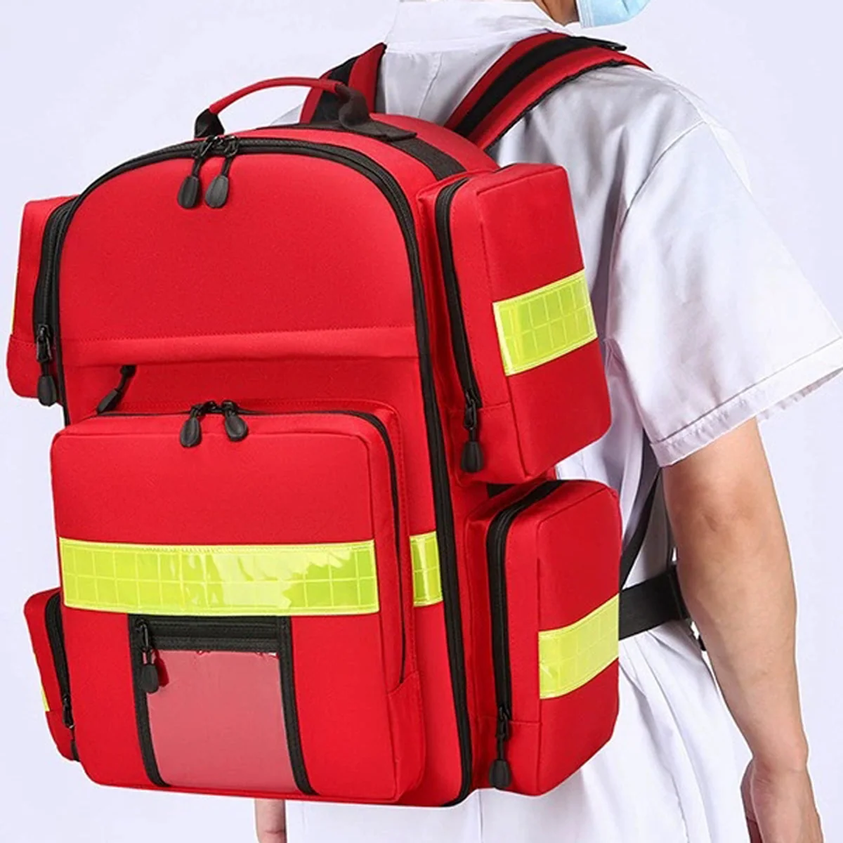 09950 Custom Medical Bag Multi-functional Outdoor Rescue Bags Large Capacity Multi-pocket Fire Carry Bag with Handle in Red, construction and compartment detail 4