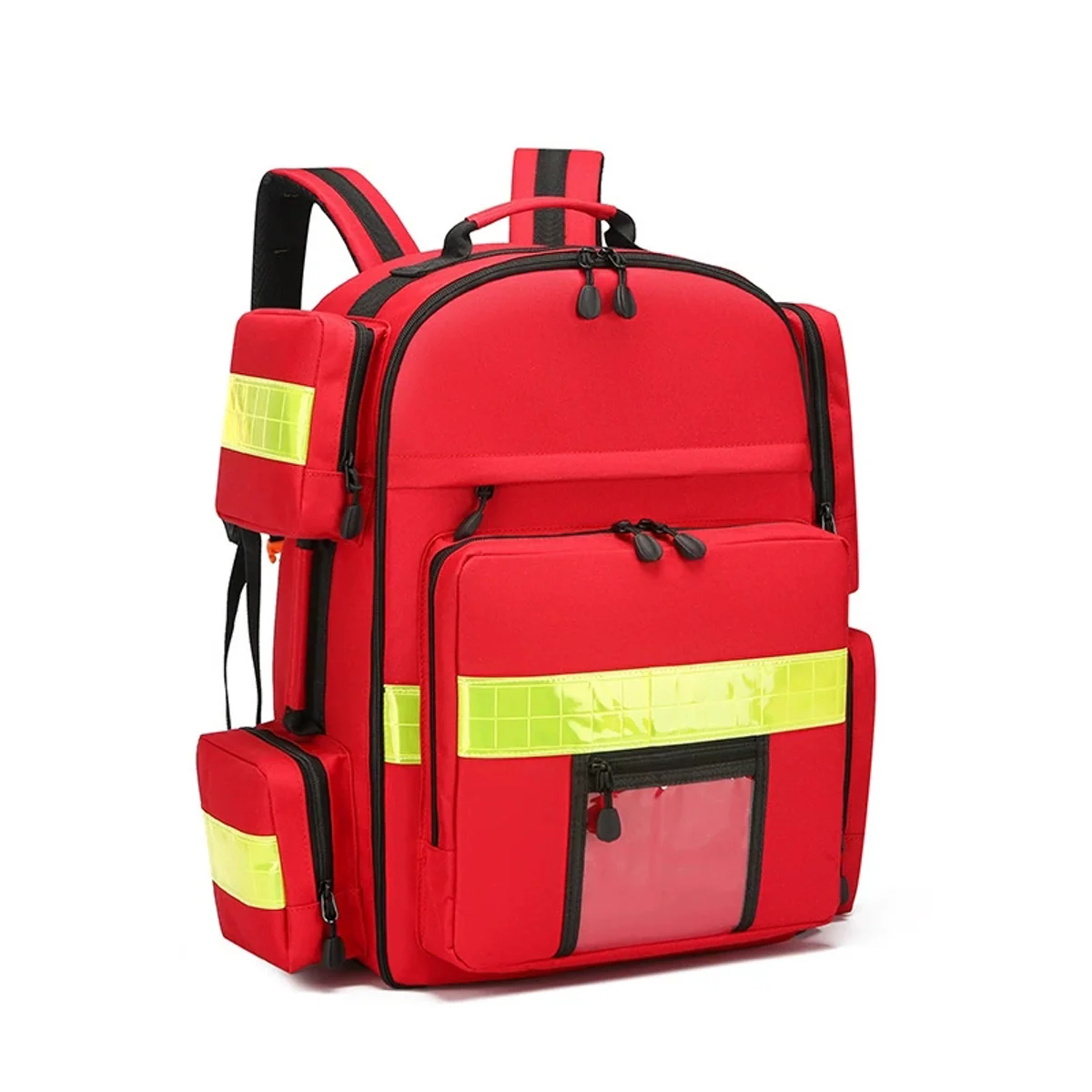 09950 Custom Medical Bag Multi-functional Outdoor Rescue Bags Large Capacity Multi-pocket Fire Carry Bag with Handle in Red, construction and compartment detail 5