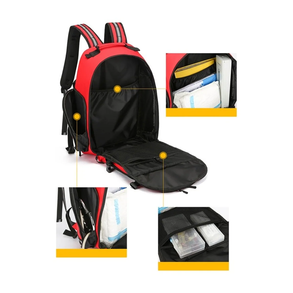 09952 1200D Medical Emergency Backpack in Red, construction and compartment detail 2