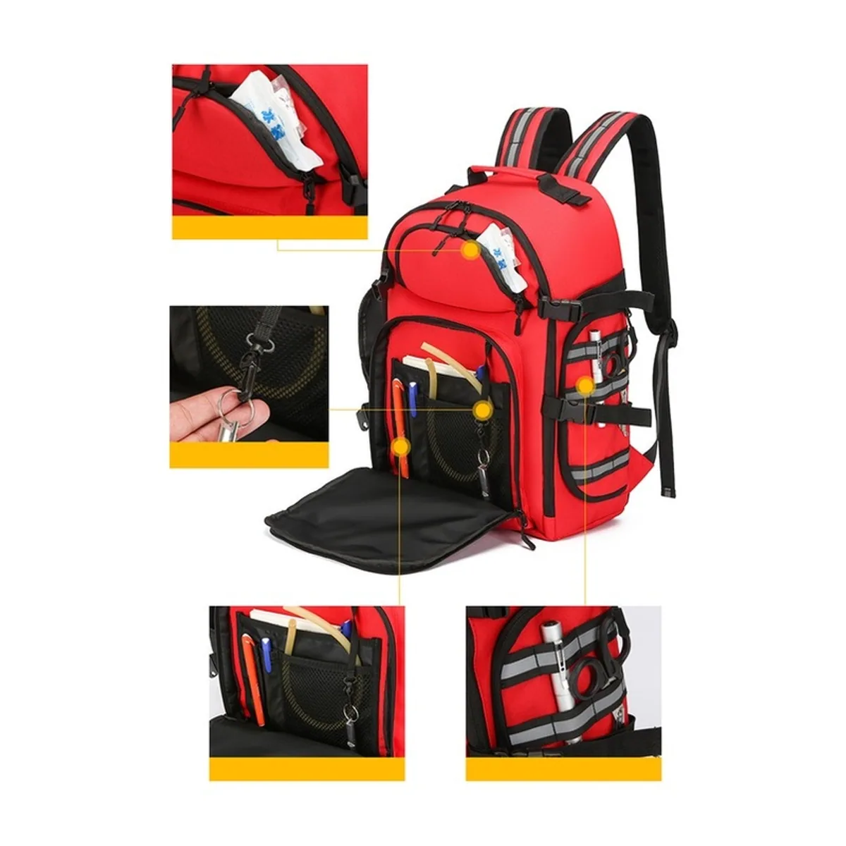 09952 1200D Medical Emergency Backpack in Red, construction and compartment detail 6