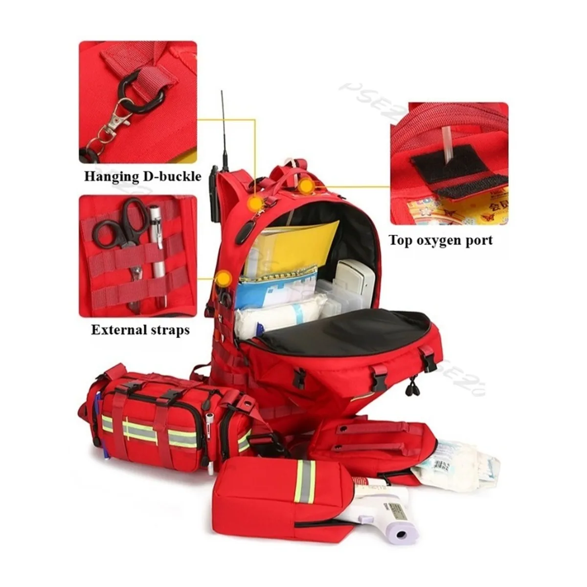09954 1200D Medical Emergency Backpack in Red, construction and compartment detail 5