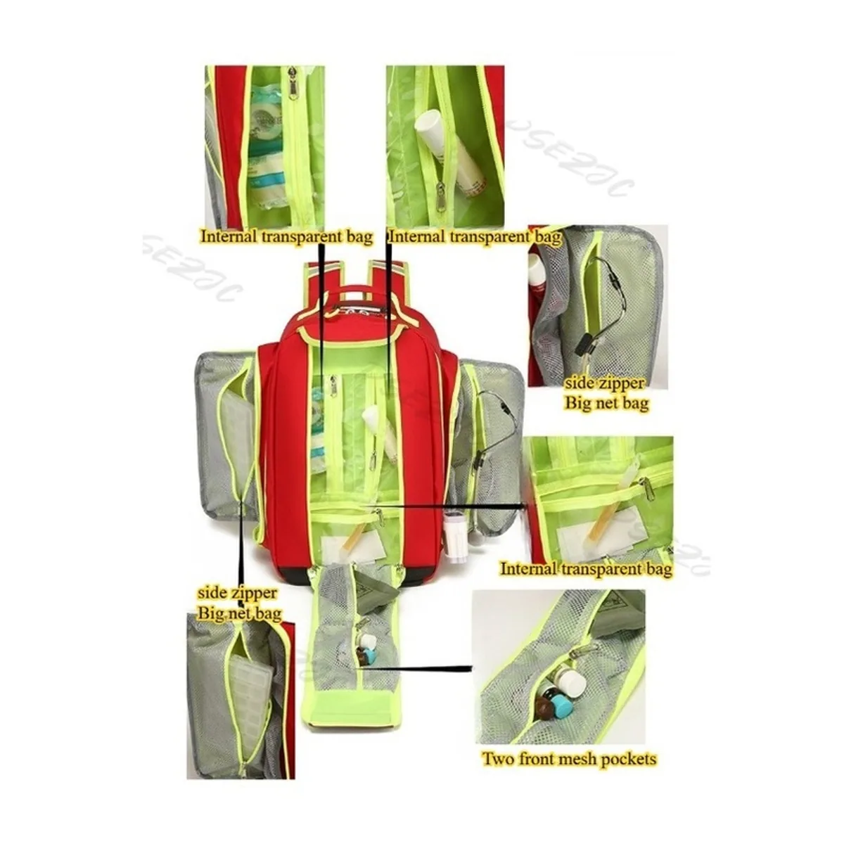 09956 1200D Medical Emergency Backpack in Red, construction and compartment detail 6