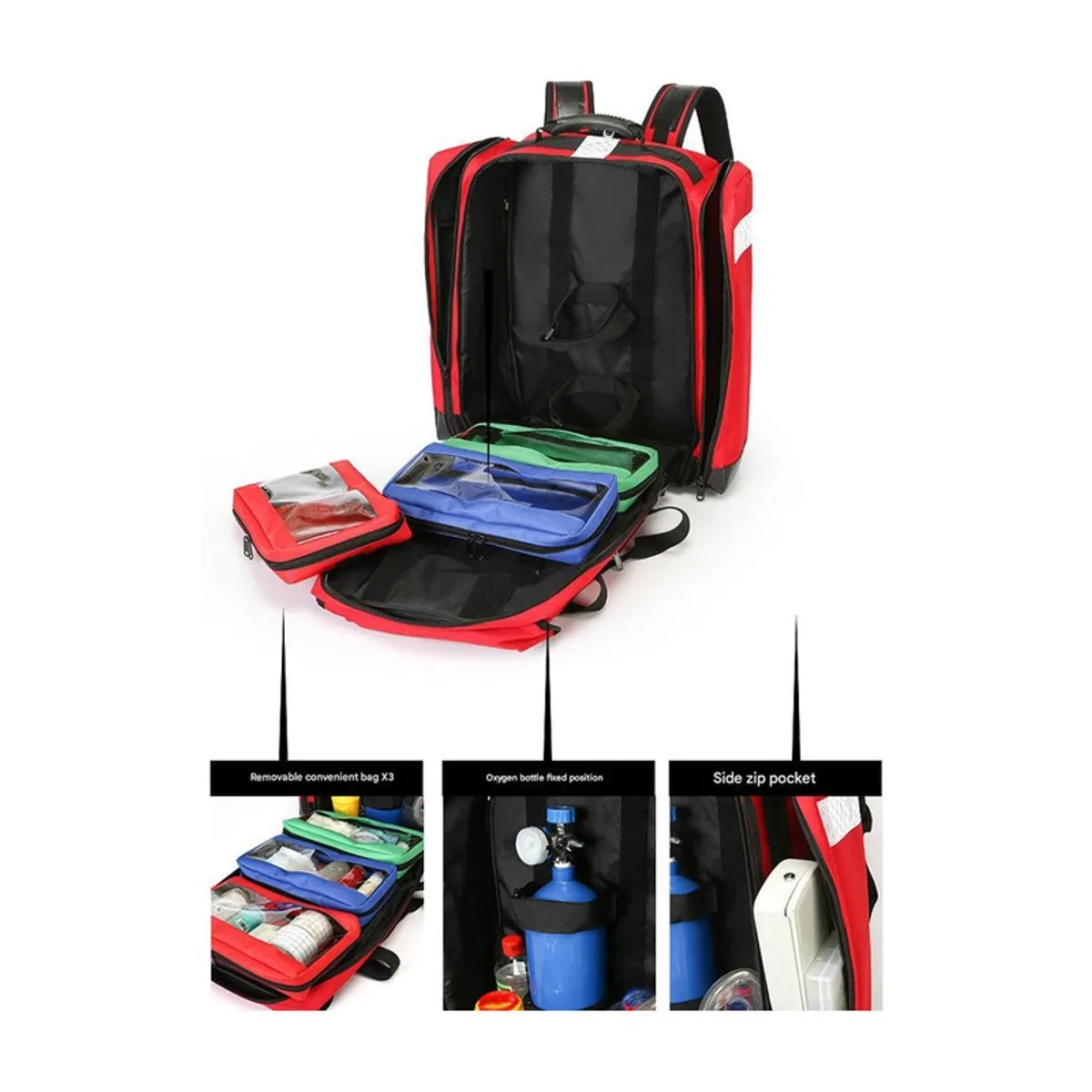09957 1200D Medical Emergency Backpack in Red, construction and compartment detail 1