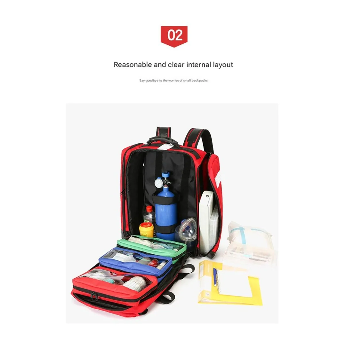 09957 1200D Medical Emergency Backpack in Red, construction and compartment detail 7